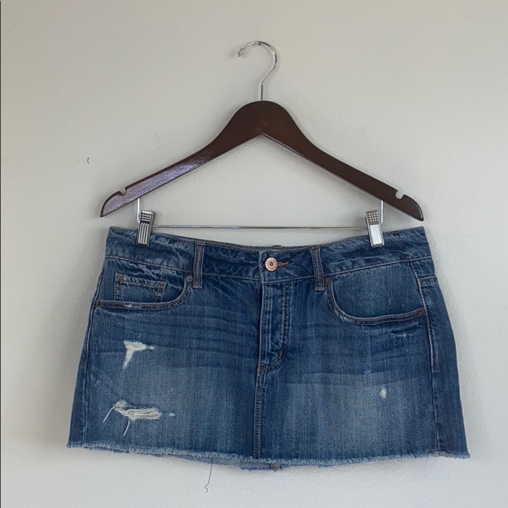 AEO distressed denim button fly mini skirt